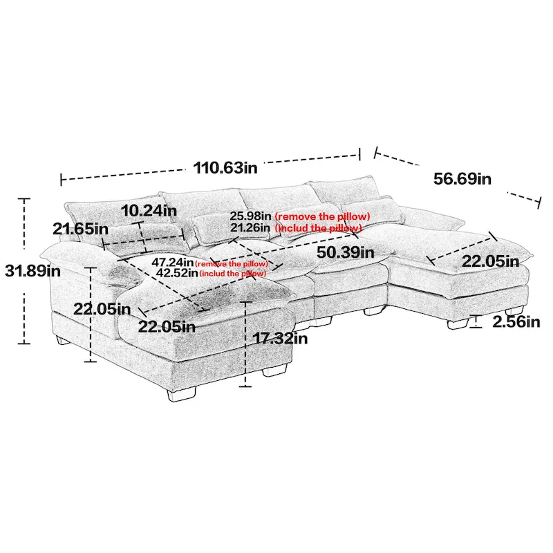 110.63 Modern U-Shaped Chenille 4 Seater Sectional Sofa with Double Cushions, 2 Chaise and High-Density Foam