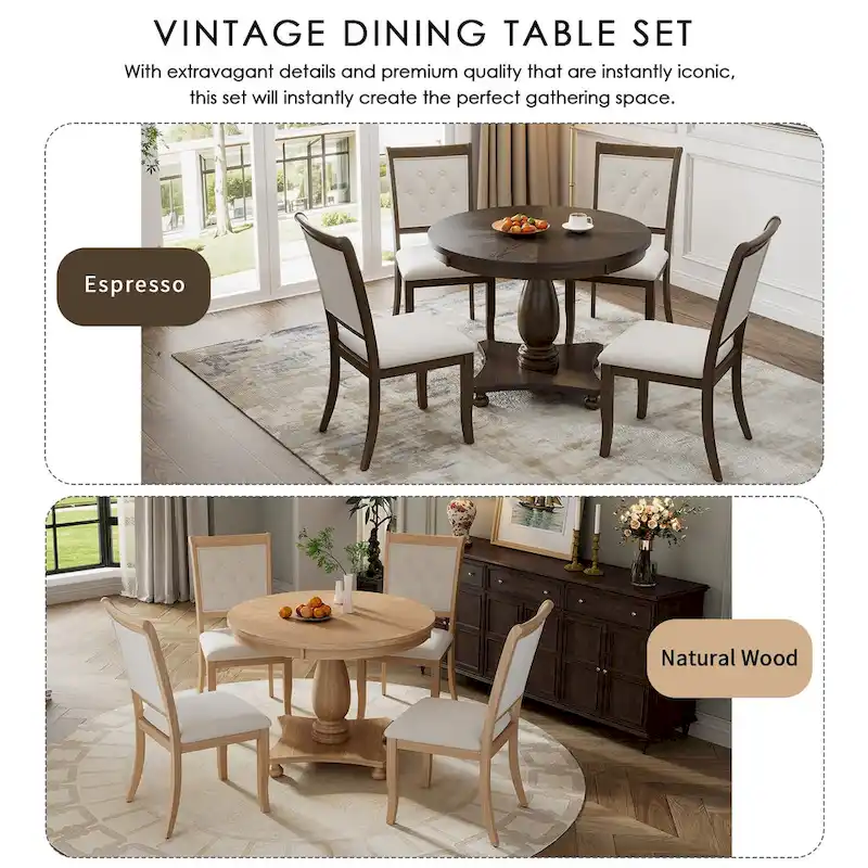 Retro Round Dining Table with 4 Upholstered Chairs