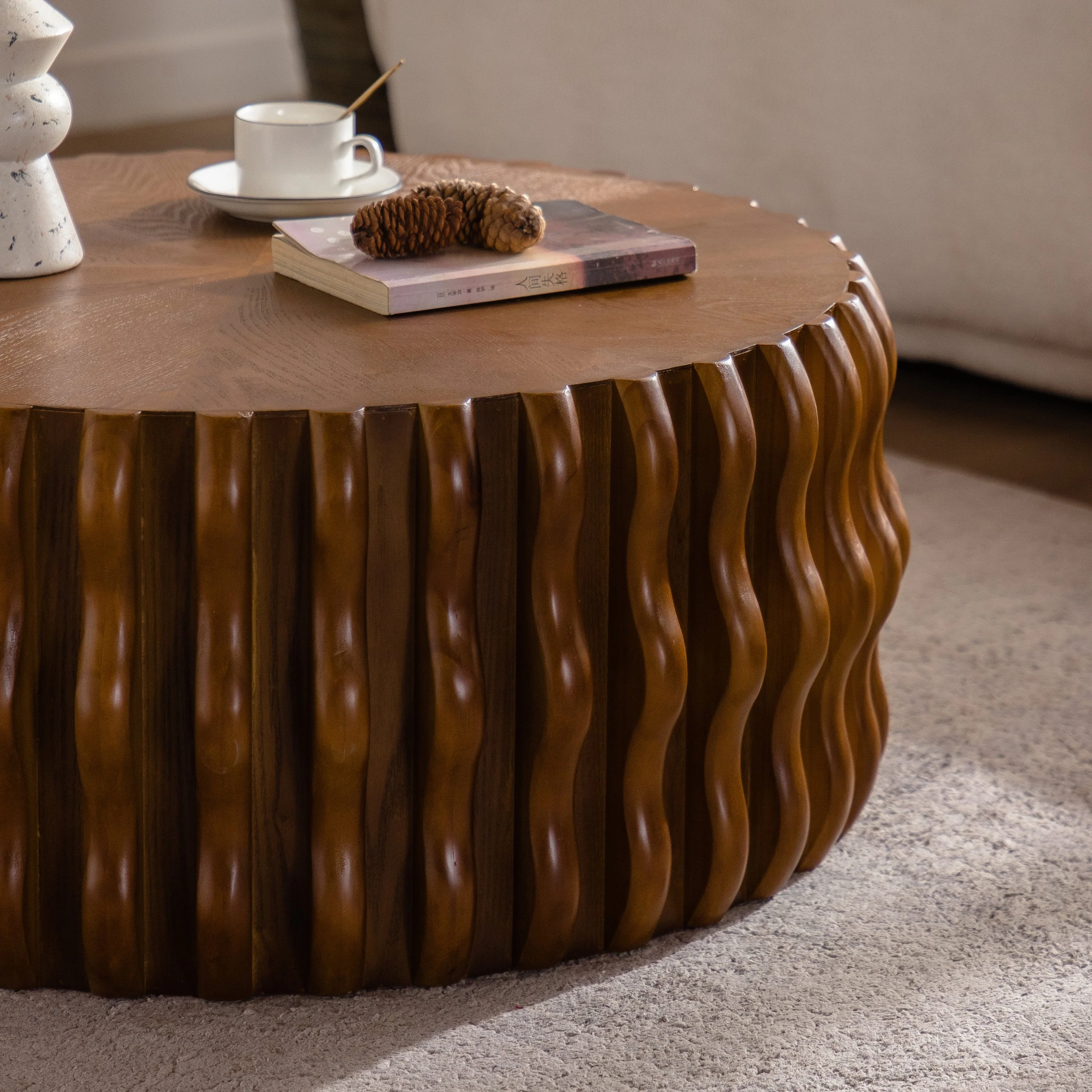 Walker Edison | Mid Century Drum Fluted Modern Round Coffee Table