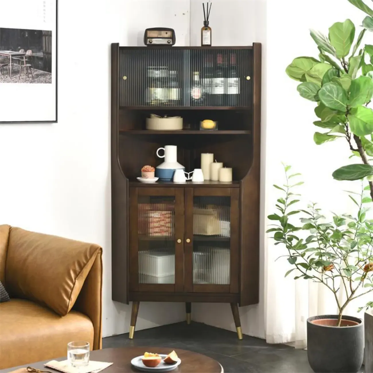 Rustic Brown Wooden Corner Wine Cabinet with Glass Doors
