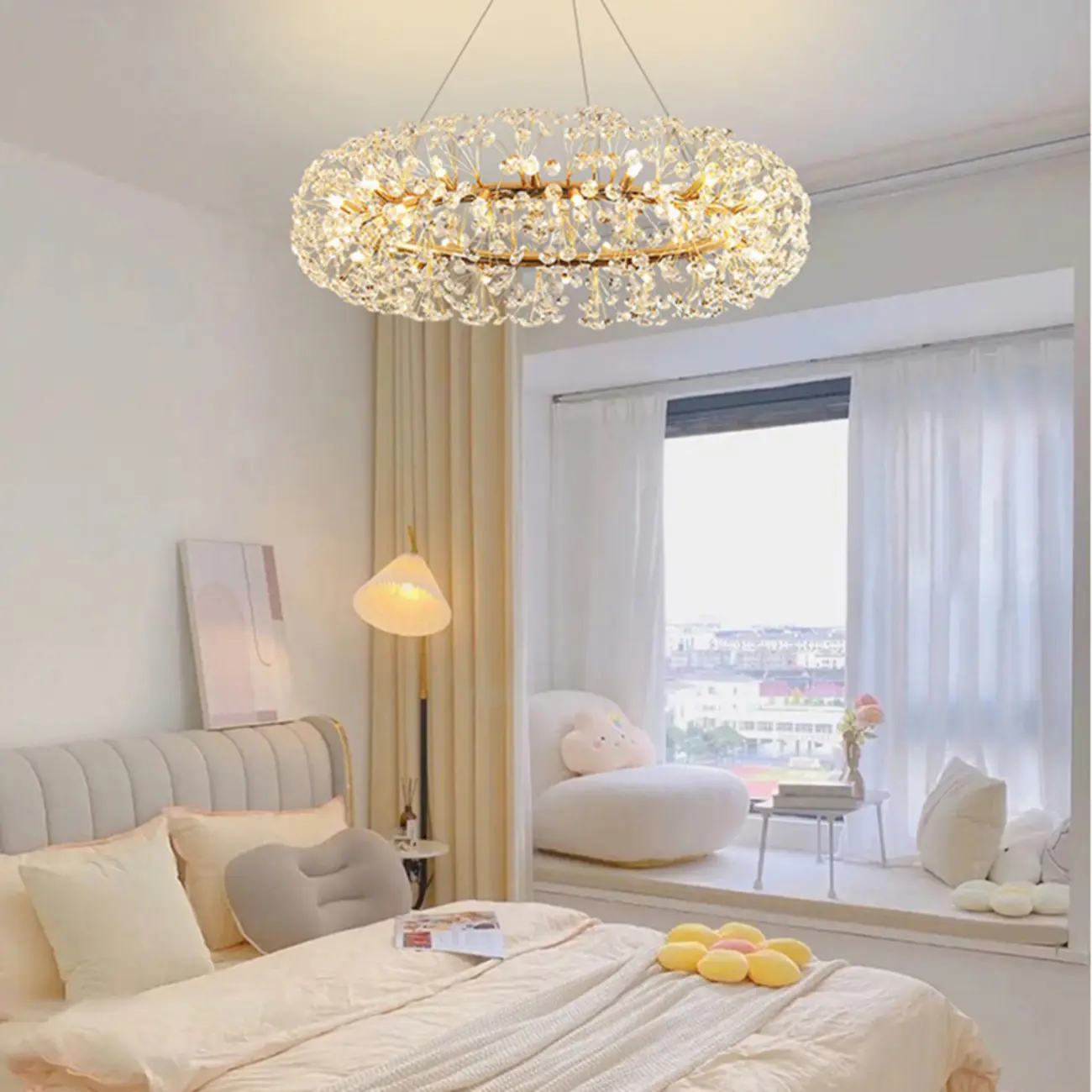 Adjustable Height Gold Crystal Globe Starburst Chandelier