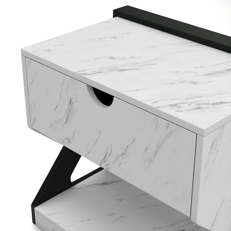DH BASIC Modern White Faux Marble 1-Drawer Nightstand Side Table by Denhour