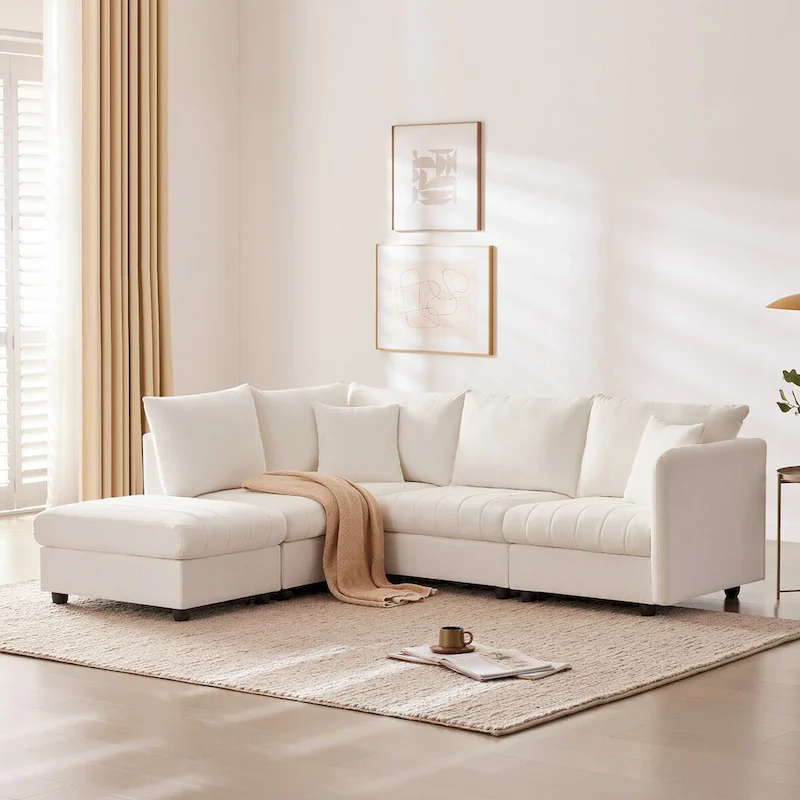 Modern 5-Seat L-Shape Sectional Sofa with Vertical Stripes, 2 Pillows, Convertible Ottoman
