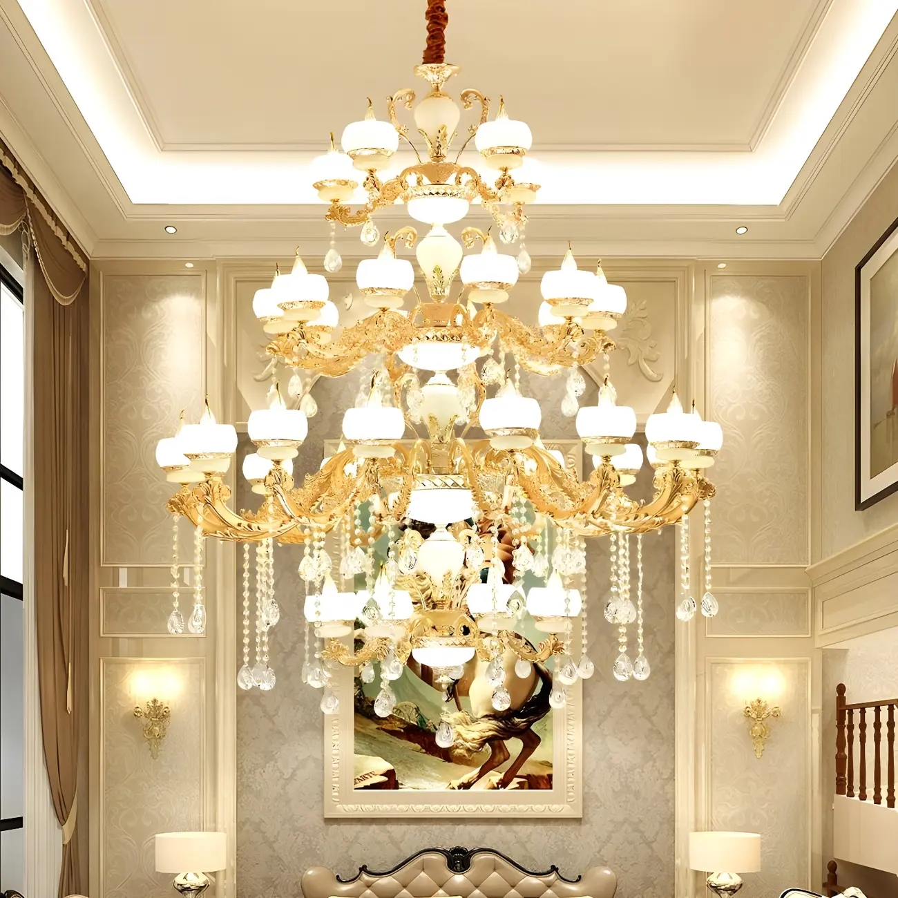 Large Gold Multi-Tier up Light Crystal Pendant Ceiling Chandelier