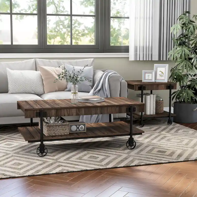 Farmhouse Steel 2-Piece Coffee Table Set with Shelf