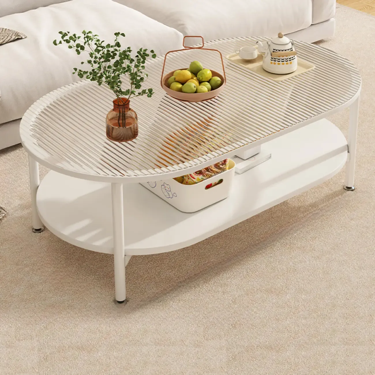 Modern White Rectangle Glass Coffee Table with Shelf