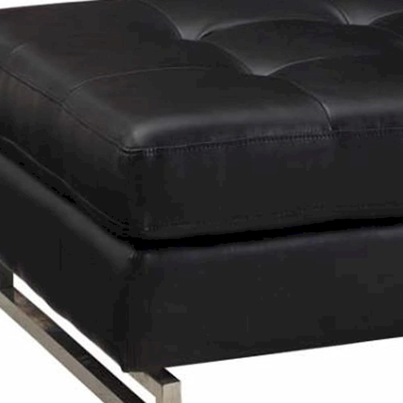 HomeRoots 63 Black Tufted Faux Leather and Silver Ottoman