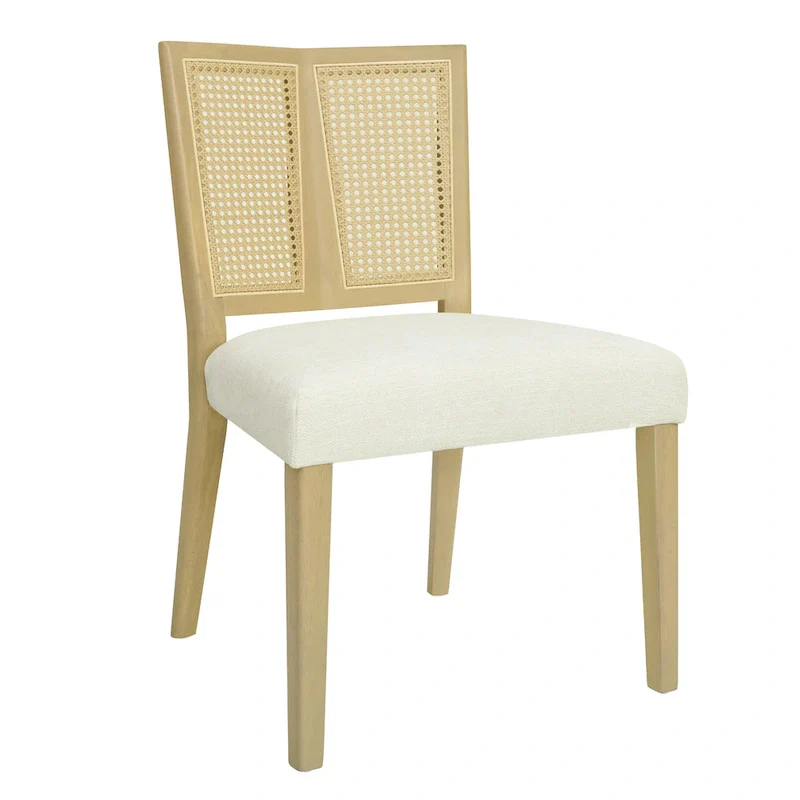 Mid-Century Rattan Back Upholstered Dining Chair Set of 2