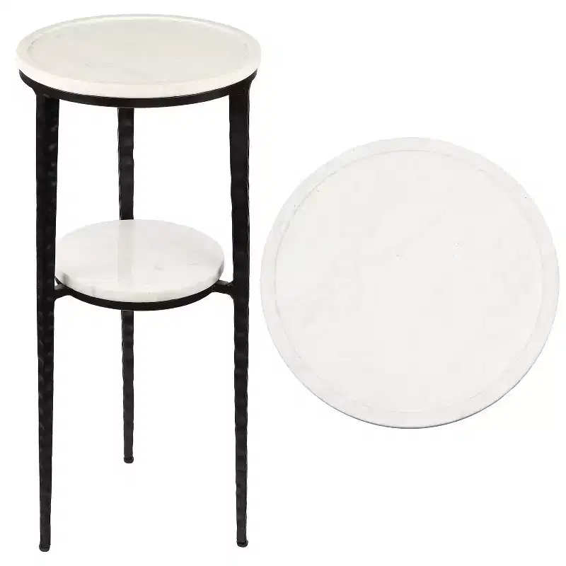 JONATHAN Y Seraphina 24.75 Industrial 2-Tier Metal Frame Drink Table & Decorative End Table with White Marble Round Top
