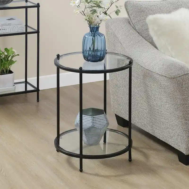 2-Tier Round Tempered Glass End Table, Chrome/Gold Frame, 18