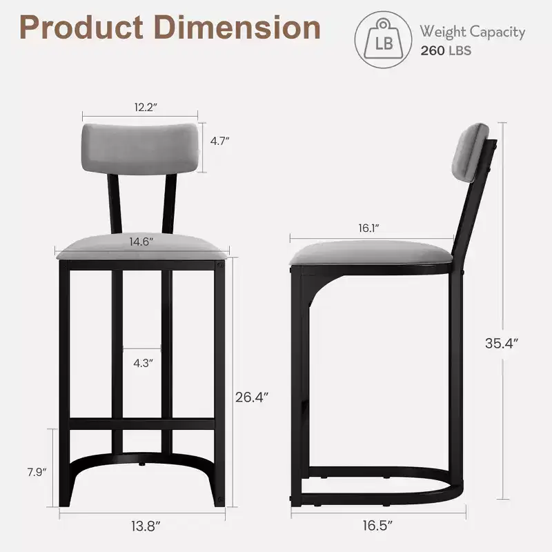 Bar Stools Set of 4, High Back Counter Height Bar Stools with White Velvet Upholstery & Gold Metal Legs, Soft Padded Kitchen Island Stools, Bar Chairs