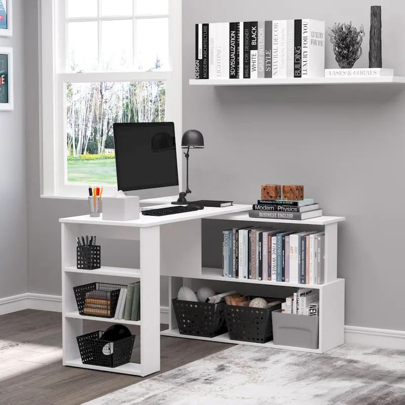 HOMCOM 360 Rotating L-Shaped Corner Desk: White, with Storage Shelves