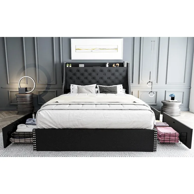 Bed Frame with 4 Storage Drawers and Headboard