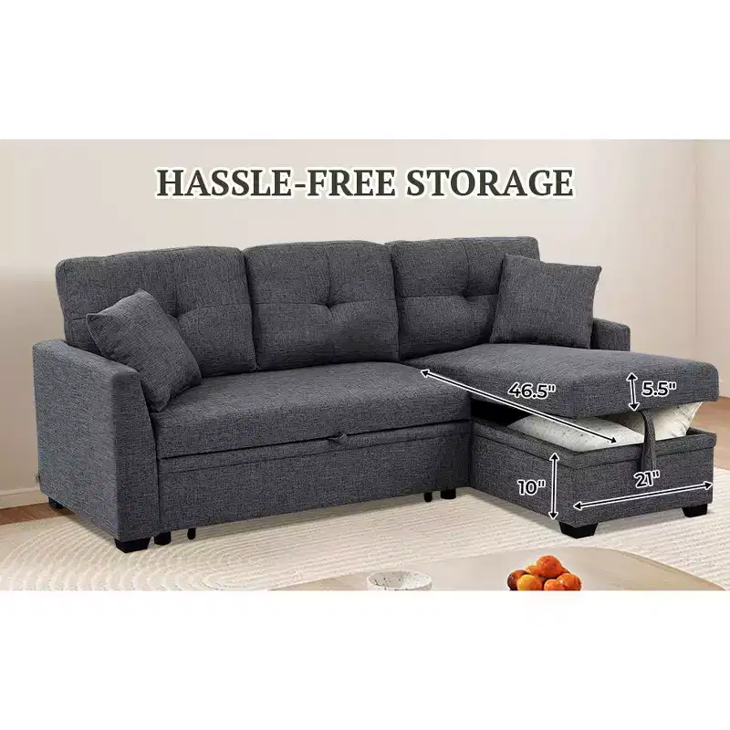 MooxvMoo 86 Modern Sleeper Sectional with Reversible Chaise, 3-Seater Convertible L-Shaped Sofa Bed, Pull-Out Couch in Linen-Like Fabric, Gray