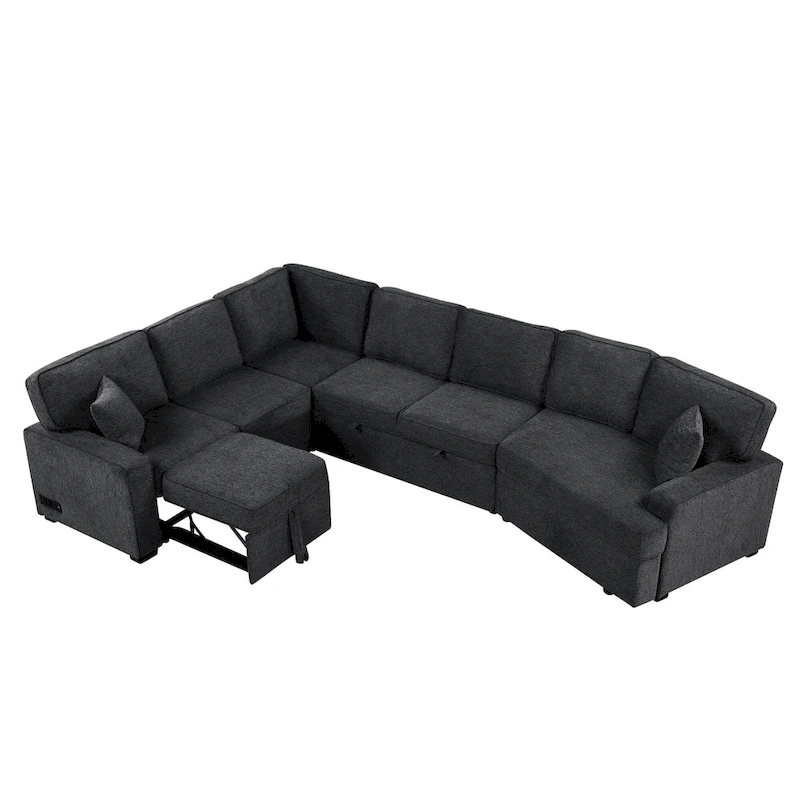 Black 126 L-Shaped 6-Seater Sofa with Pull-Out Bed and Cup Holders
