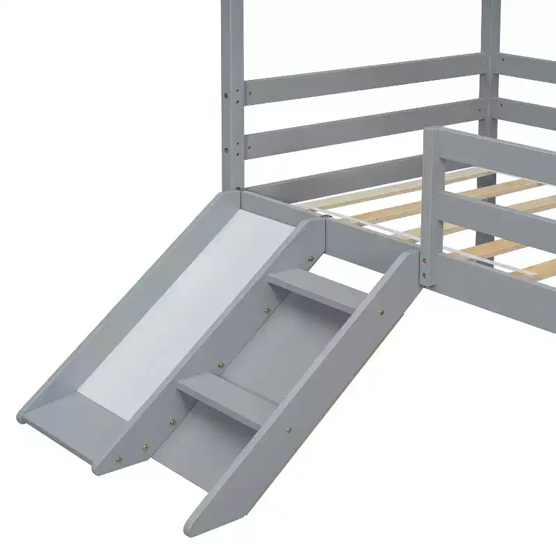 Whisen 81.7L x 67.6W Twin Low Loft House Bed with Slide, Ladder, Safety Guardrails, House Roof Frame