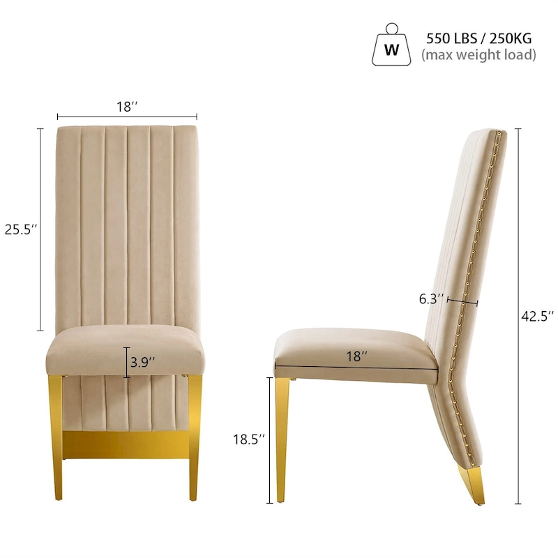 Modern Channel High Back Dining Chairs with Nailhead Trims and Polished Metal Legs