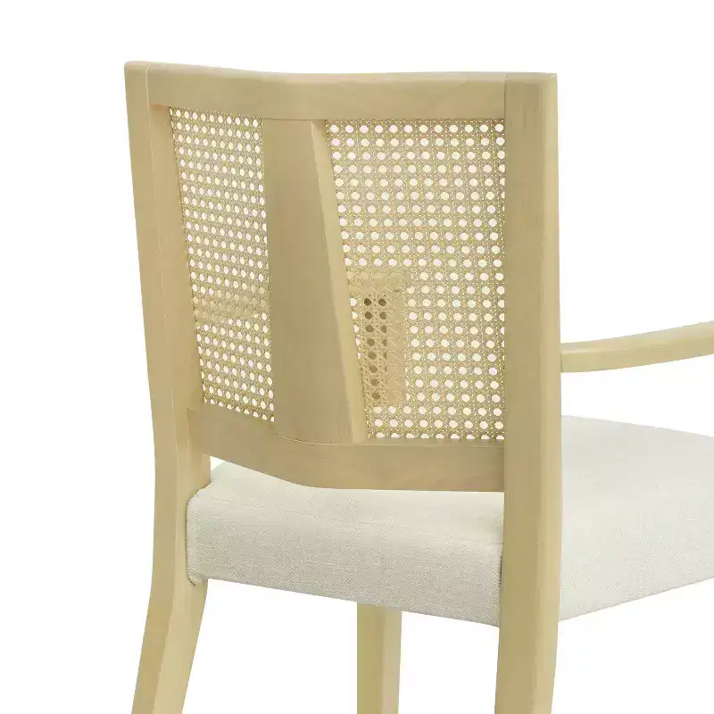 Beige/Dark Brown Upholstered Dining Arm Chairs with Rattan Back, Set of 2