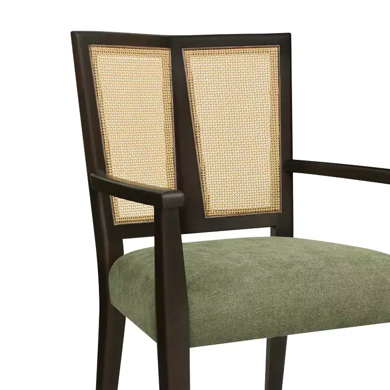 Beige/Dark Brown Upholstered Dining Arm Chairs with Rattan Back, Set of 2