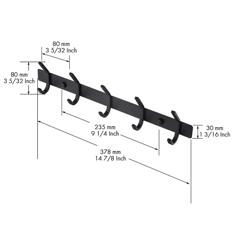 Black/Silver 5-Hook Towel & Robe Rack, 304 Stainless Steel, Wall Mount, Bathroom & Bedroom