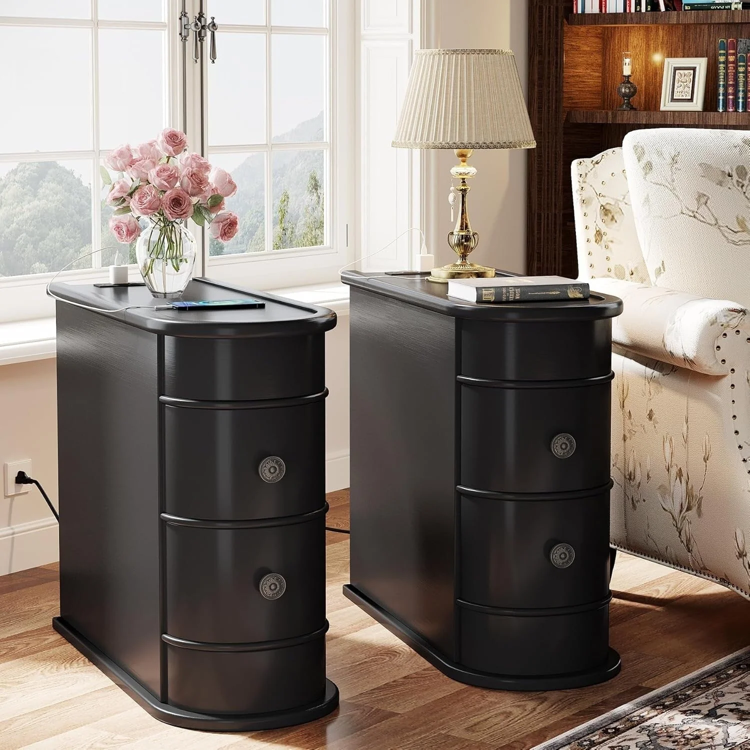 Solid Wood Chairside End Table, Two-Drawer Narrow Side Table Slim