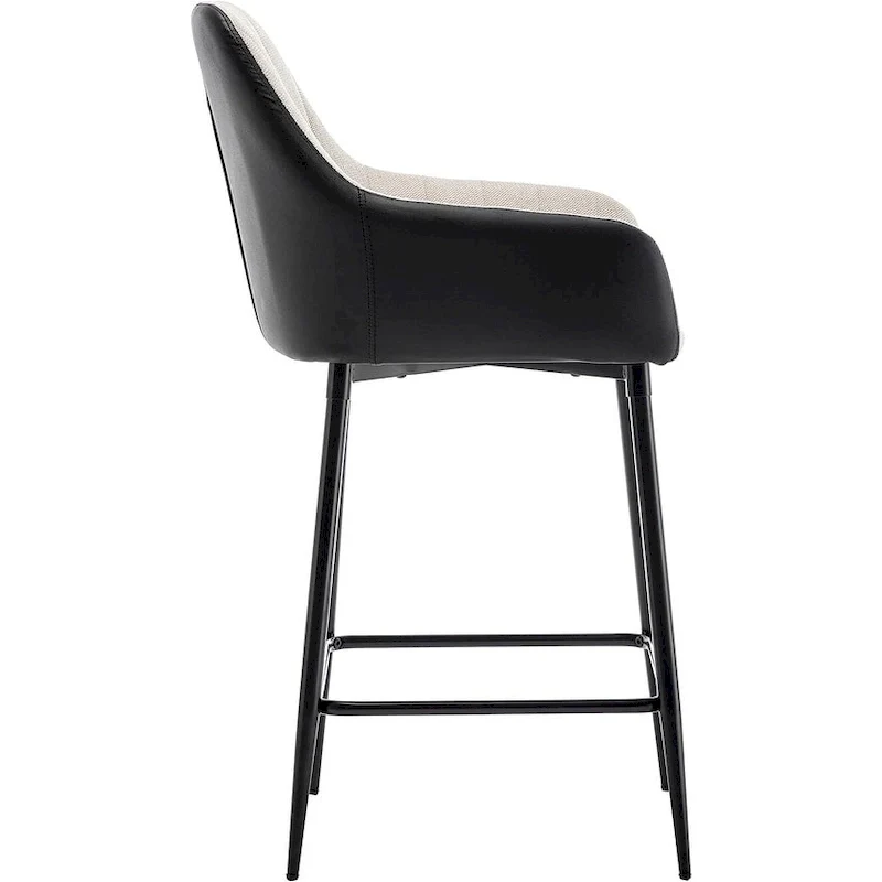 Tall Counter Height Bar Stools, 25, Mid-Back Upholstered Fabric Accent , PU Black Back, Beige Fabric, Set Of 2