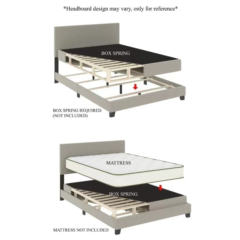 Linen Upholstered Bed, Foam-Padded Headboard, Rubberwood/MDF, Seats 2, Grey/Blue/Beige/Light Blue, Twin/Full/Queen/King