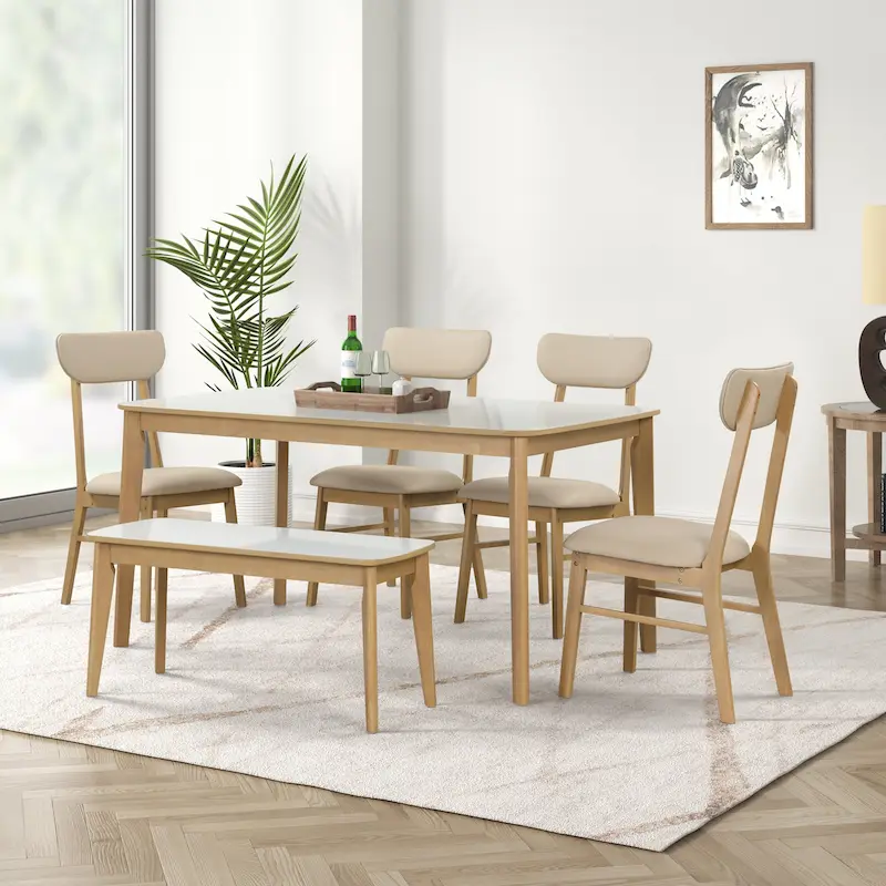 6-piece Rectangular Dining Table Set with 4 Upholstered Dining Chairs and Bench Modern Casual Dining Table Set for Kitchen