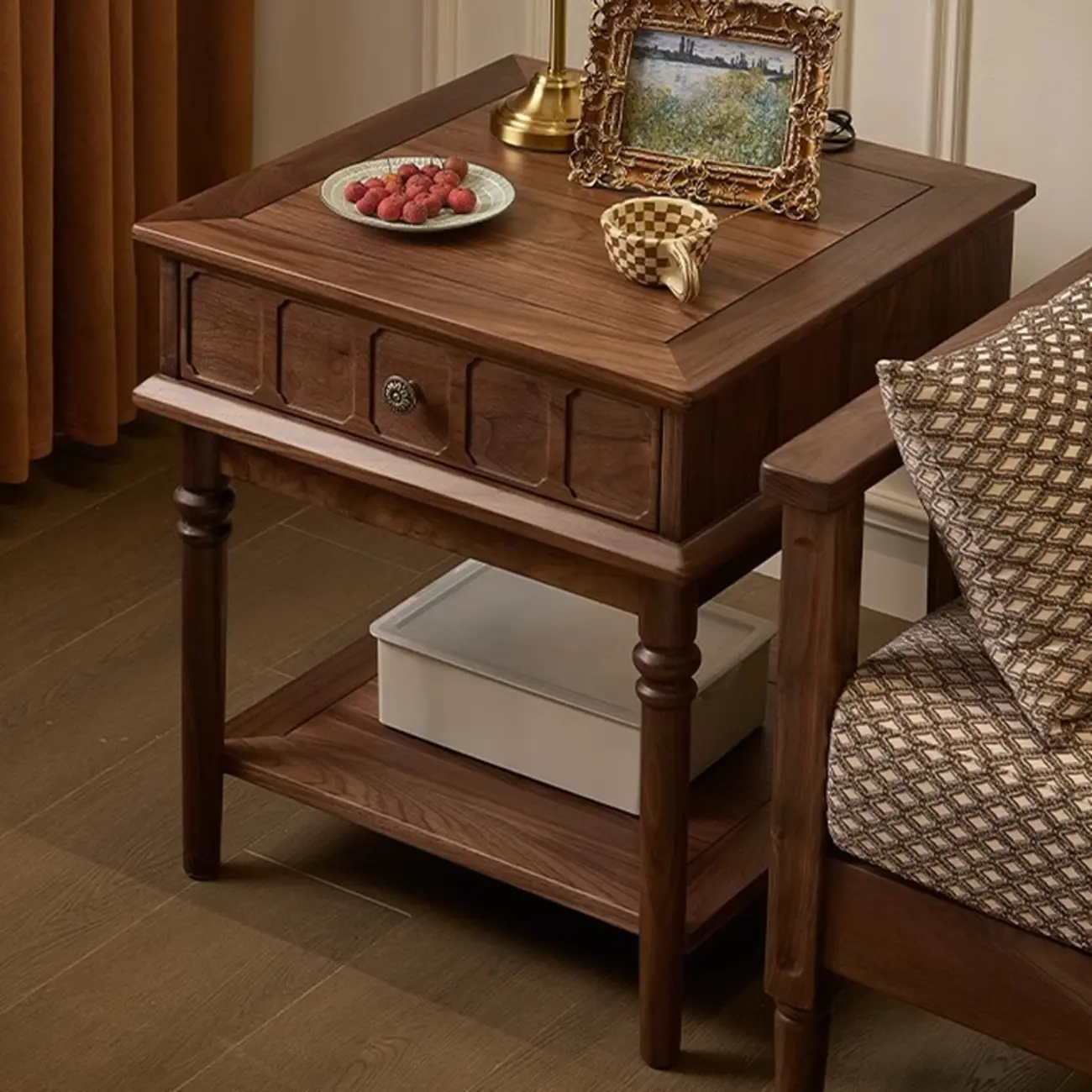 Mid-century Modern Square Walnut Wood End Table with Drawer