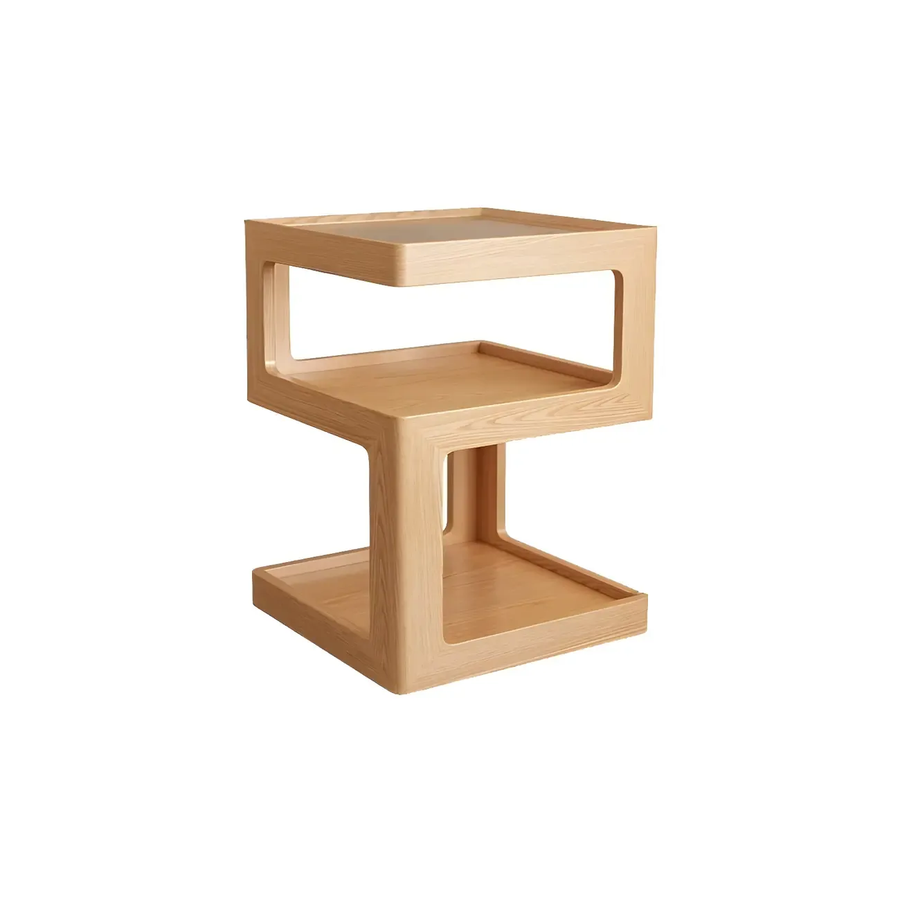 Narrow Wood and Glass Nut-Brown Shelves Nightstand with Light