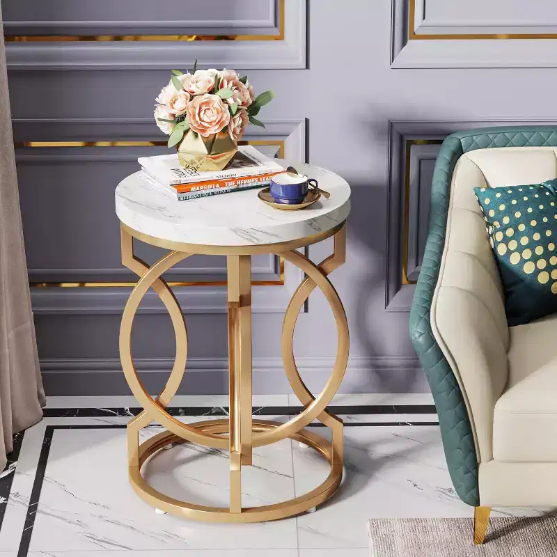 Round End Table – Faux Marble Top, O-Shaped Metal Base, White, 19.7x25.6 in