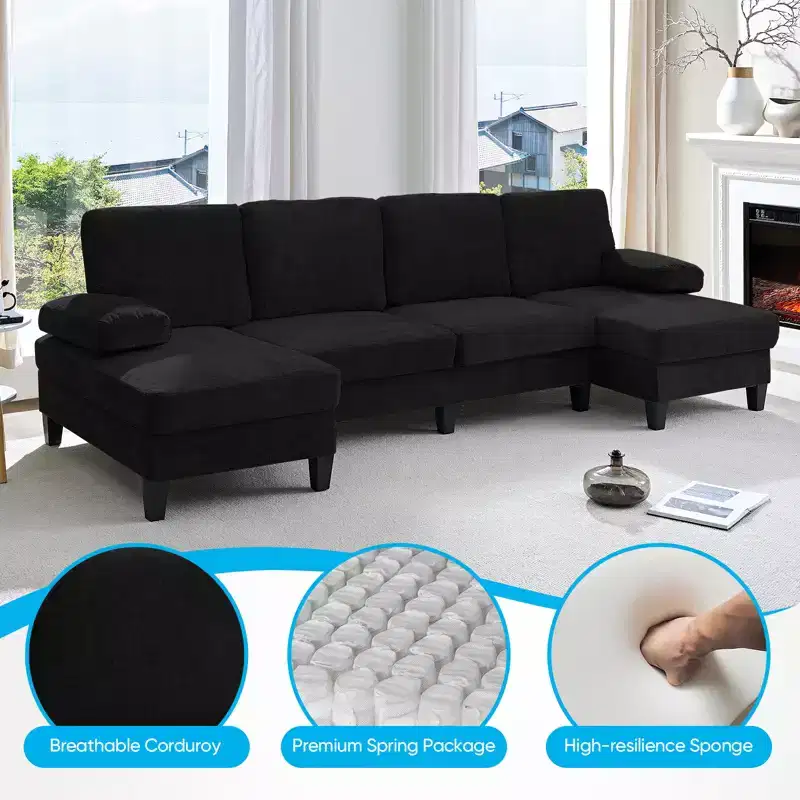 Mjkone 110U-Shaped Sectional Couches,Chenille Upholstered Large 4-Seater Sofa with Double Chaises and Sleepable Armrests
