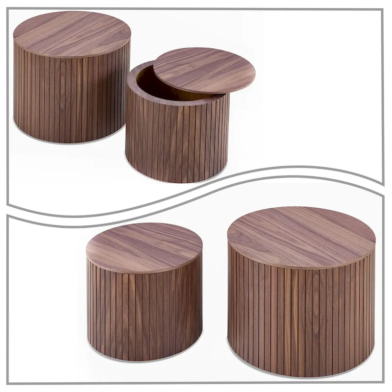 2-Piece Barrel Nested Coffee Table Set, Walnut/Black, Removable Top