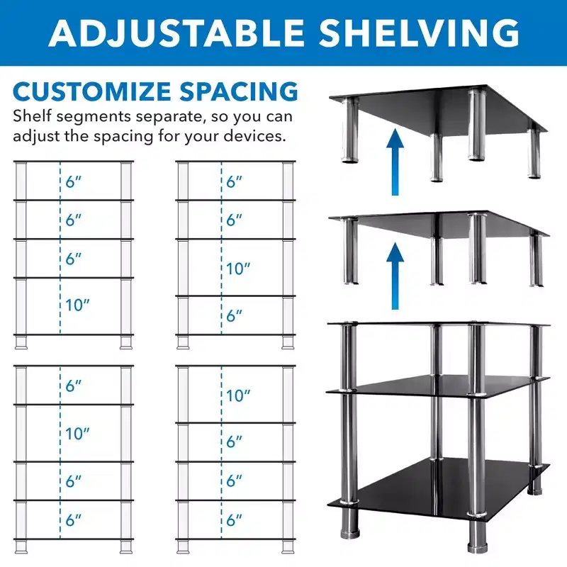 Mount-It! Tempered Glass AV Component Media Stand, Audio Tower and Media Center with 5 Shelves, 220 Lbs Total Capacity, Black Shelves Chrome Legs