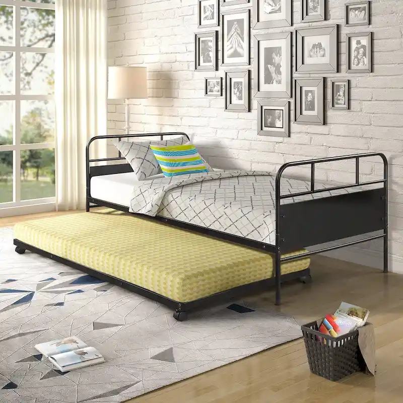 Twin Size Black Metal Daybed Bed with Trundle