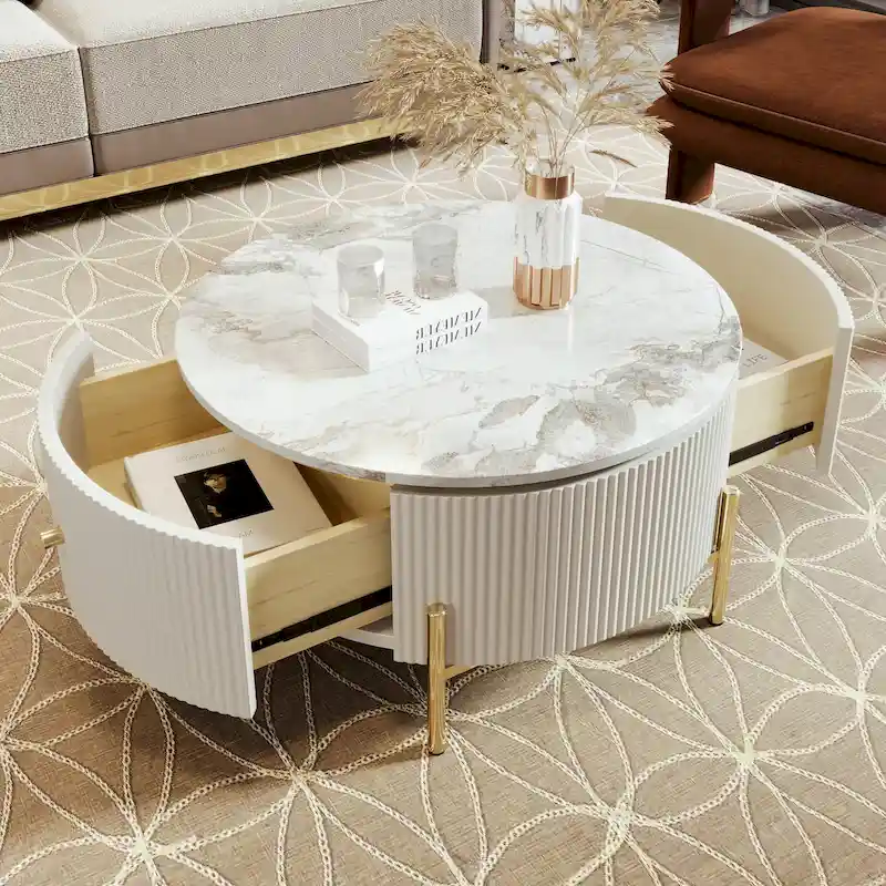 Modern Round Coffee Table with 2 large Drawers Storage