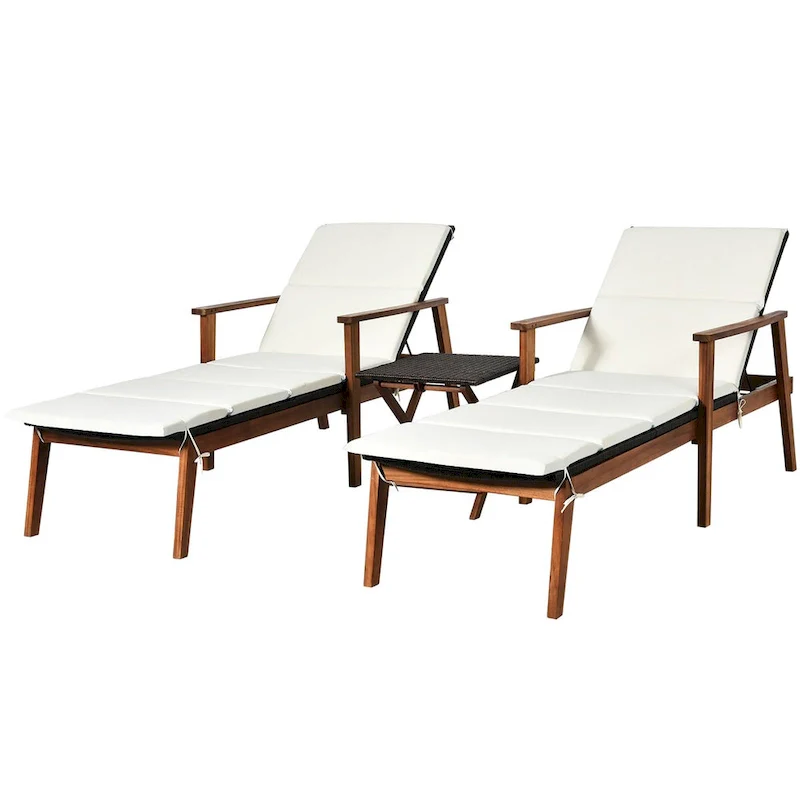 Costway 3PCS Patio Rattan Lounge Chair Folding Table Set Chaise Wood