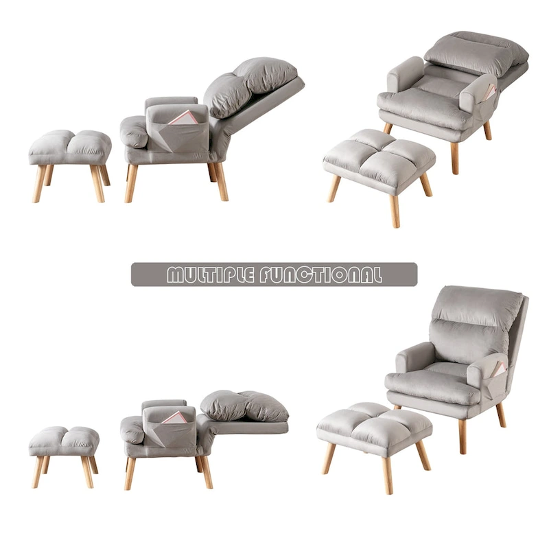 Velvet Fabric Armchair with Ottoman with Adjustable Backrest and Side Pockets