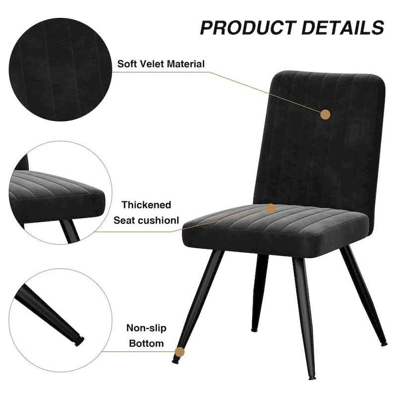 Black Dining Chairs Set of 2, Velevt Dining Room Chairs Upholstered Armless Chairs Kitchen Side Chairs