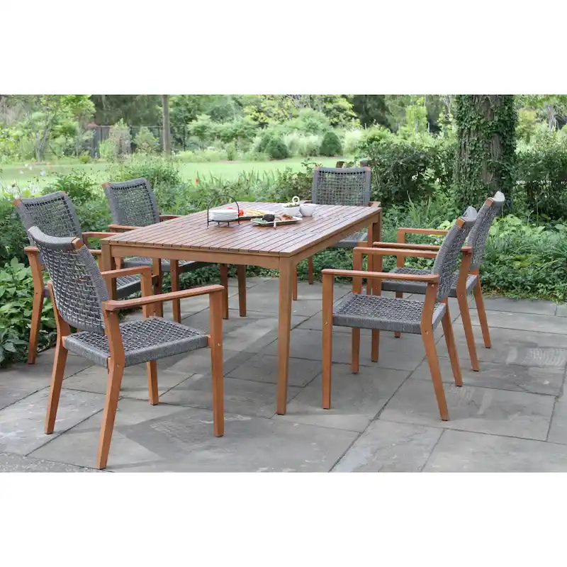 Eilaf 7-Piece Eucalyptus Dining Set With Stacking Rope Dining Chairs