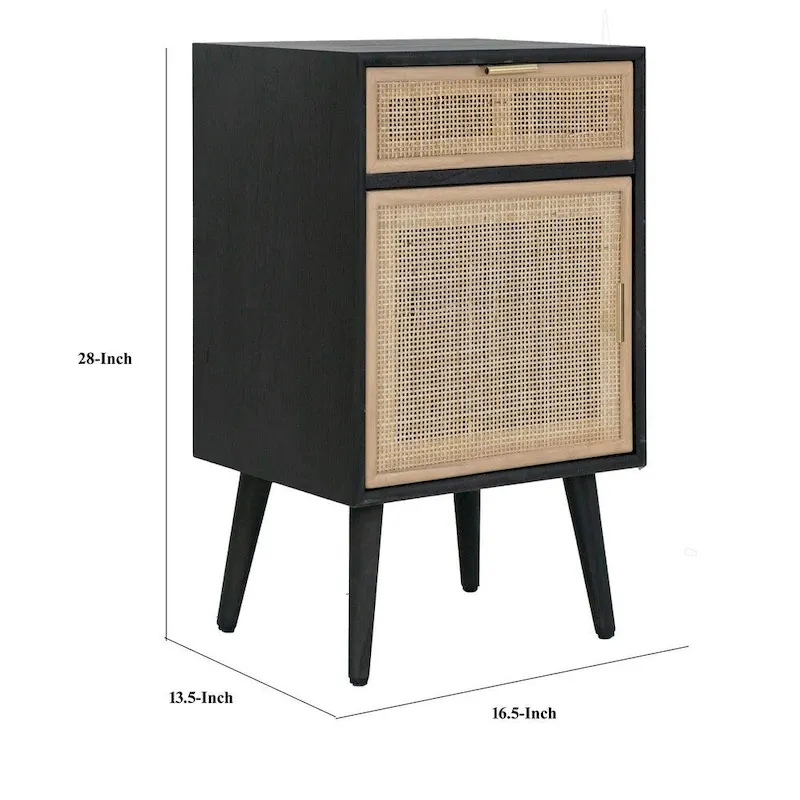 28 Inch Accent Cabinet, 1 Drawer, Pine, Woven Rattan Design - 28 H x 13.5 W x 16.5 L Inches