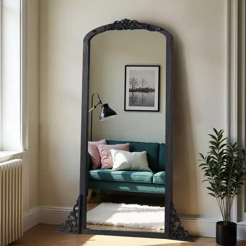 69x30 inch Solid Wood Carved Right Angle Micro Arch Black Full-length Mirror (without Bracket)