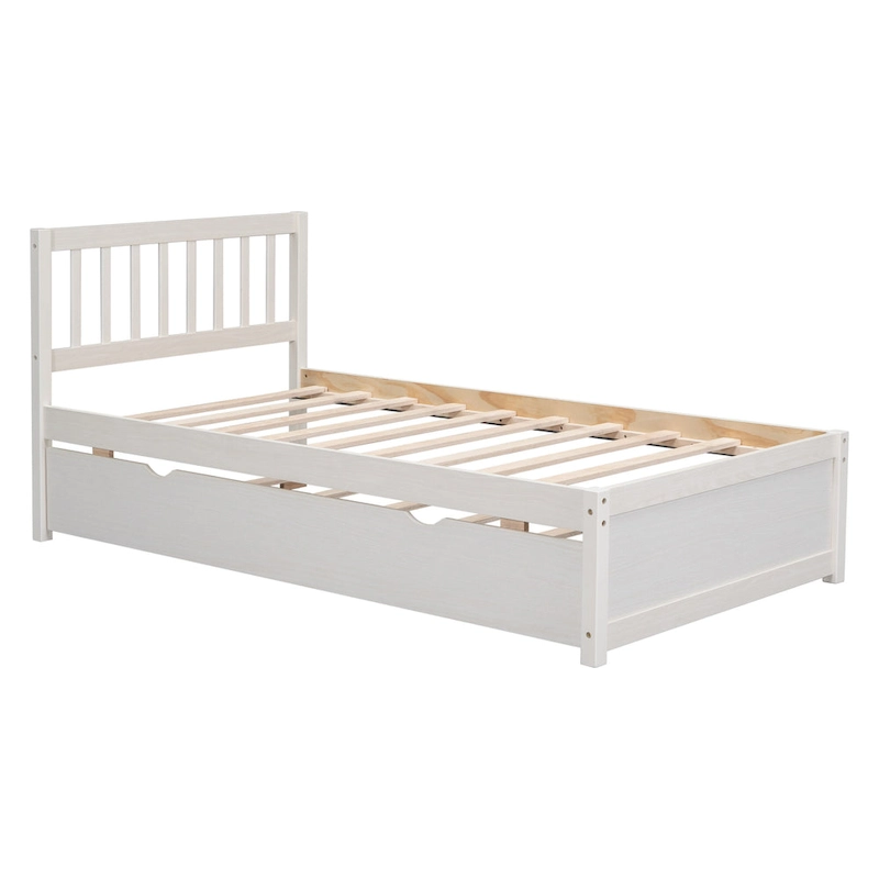 White Walnut Rubberwood Twin Bed with Trundle