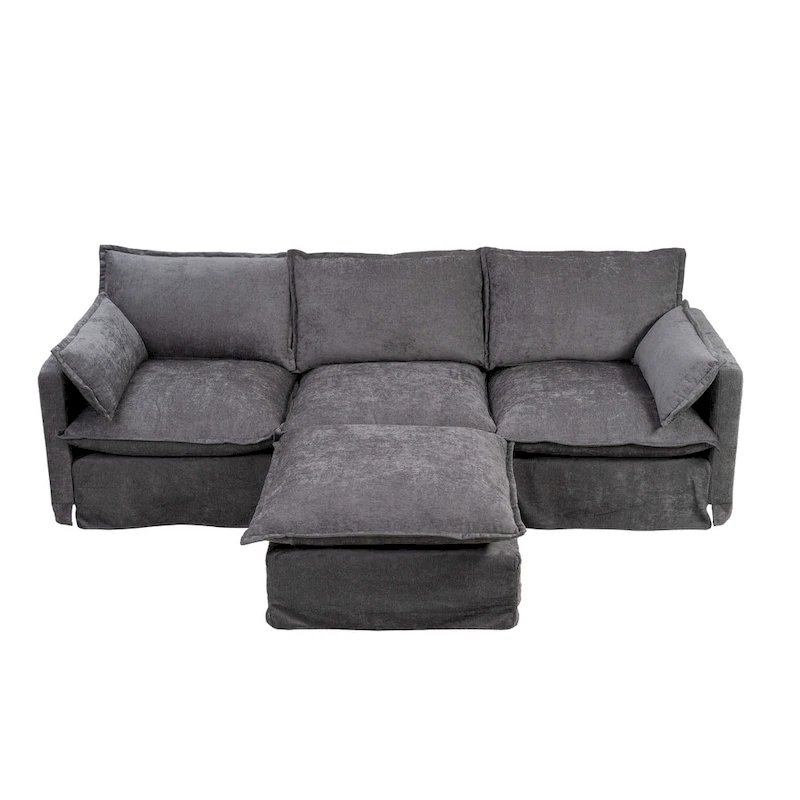 93.31 Faux Linen Modular Sectional Sofa with Movable Ottoman, Solid Wood Frame, and High-Resilience Foam Cushions