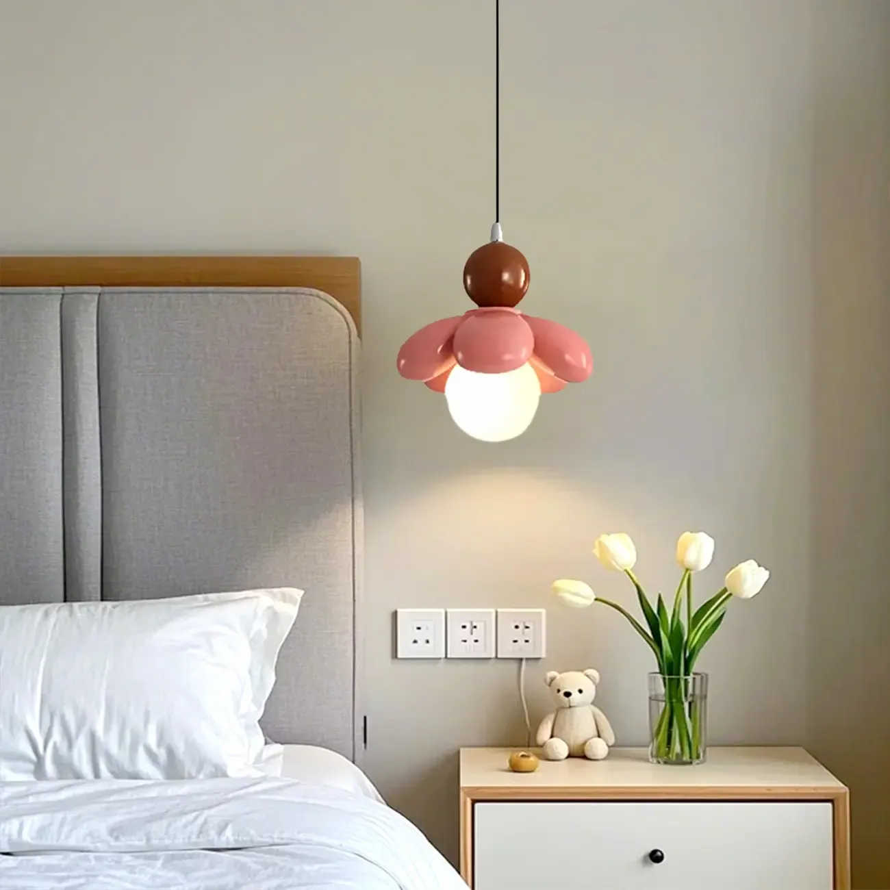 Cozy Pink LED Ball Pendant Light with Floral Clay Design for Bedside