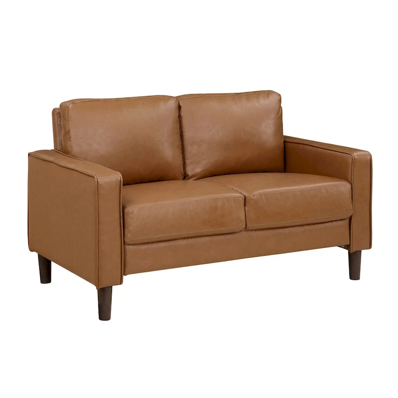 Stark 54 Inch Loveseat, Brown Faux Leather, Track Style Arms, Solid Wood