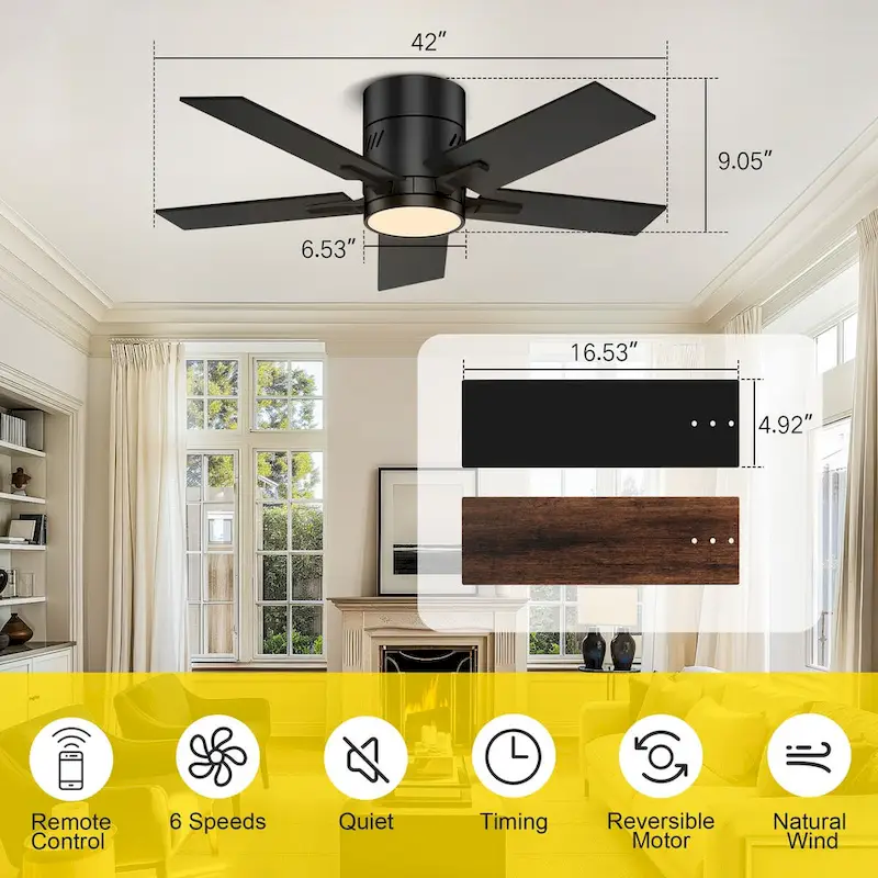 42 inch Black Ceiling Fan with Bluetooth and Remote Control