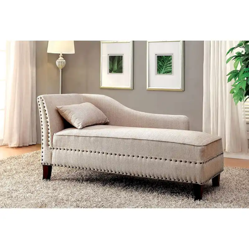 Fabric and Wood Chaise in Beige Finish