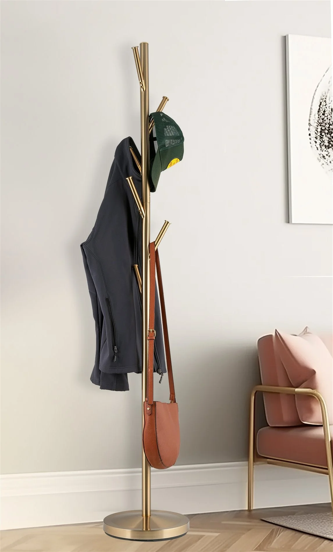 Addison 68 Modern 6 Hook Free Standing Metal Coat Rack, Cool Brass
