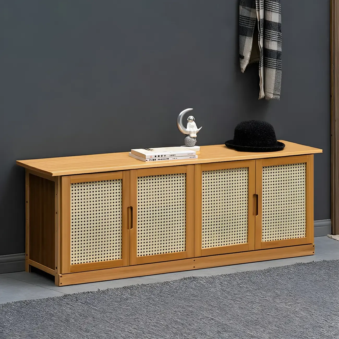 Bamboo Adjustable Shelves Shoe Storage with Rattan Doors